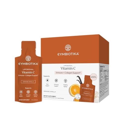 CYMBIOTIKA Liposomal Vitamin C Supplement Immune Health Skin Health Healthy Aging Enhanced Absorption Gluten Free Soy Free Plant-Based Orange Vanilla Flavor 28 x 15 mL Liquid Packets