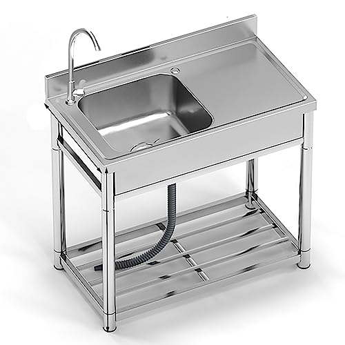 Unidad de grifo y escurridor con estantes de almacenamiento para garaje, restaurante, granja, lavandería, cuarto de servicio, diseño compacto de 90 x 50 x 80 cm para un uso eficiente del espacio