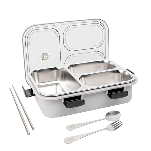 Image of Storescent Lunch Box with Compartment, Leak-Proof BPA Free Stainless Steel for School, Lunch Box for School & Office with a Fork, a Spoon and a Pair of Chopsticks (Grey, 3 Compartment)