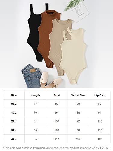 Oyoangle Women's Plus Size 4 Piece Bodysuit Ribbed Knit Sleeveless Slim Fit Basic Bodysuits Multicolor 2Xl #TOP2