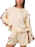 D-Sun Women's 2 piece Outfits Velvet Bow Sweatshirt Long Sleeve Loose Y2K Shorts Sets Knitted Workout Tracksuits Beige