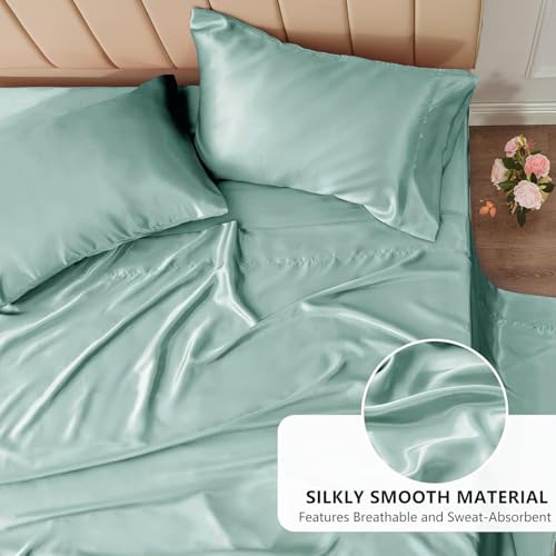 Image of Mush 400TC Luxurious Satin Silk King Size Bed Sheet with 2 Pillow Covers - Silky Soft, Skin-Friendly, Breathable, Durable Premium Printed Bedding | 108 X 108 Inches (Aqua Blue)