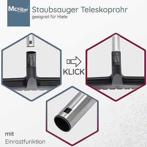 McFilter I Teleskoprohr geeignet für alle Miele Bodenstaubsauger S2, S4, S5, S6, S8, C1, C2, C3, H1 Complete, Compact, Classic, Swing, S8000 Serie Saugrohr aus Edelstahl, mit Klick Funktion