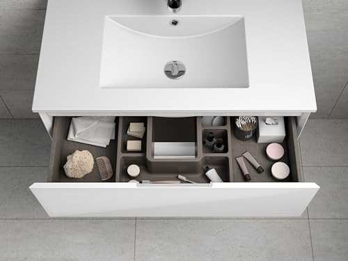 AMIZUVA - Conjunto de Mueble de Baño Suspendido Serie Talia, Incluye Lavabo Cerámico y Tirador Metálico, Acabado en Roble Blanco - Dimensiones 80x56,5x45 cm - imagen 6