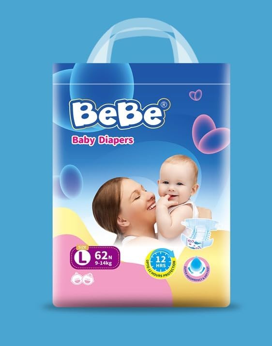 Premium Baby Taped style Diaper, Large, 9 to 14 Kg Extra Comfort and Protection (62 Pieces, L)