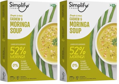 Image of Simplify Foods Cashew & Moringa Instant Soup | Made with 52% Real Moringa Pulp | Pack of 2 (Makes 500ml) | Just Add Hot Water | No Cooking Required | Clean Label | 0% Additives or Preservatives