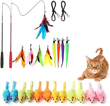MeoHui Value Pack Interactive Cat Feather Toys and 12PCS Cat Toys Mice with Rattle, Double Fun for Cats Playing