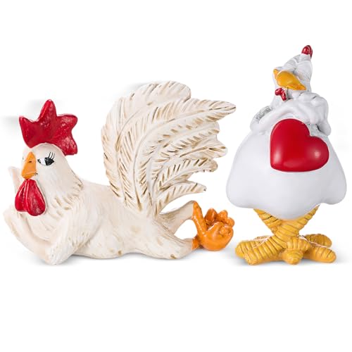 Juego 2 Estatuas de Gallos Blancos en Resina Decorativas