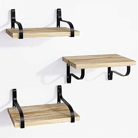 Fixwal Floating Shelves, Wall Mount Rustic Wood Wall Shelves with Large Storage, for Kitchen Living Room Bathroom Bedroom, Set of 3 Carbonized Black (15.8 x 10.6 x 1.2in) Cover