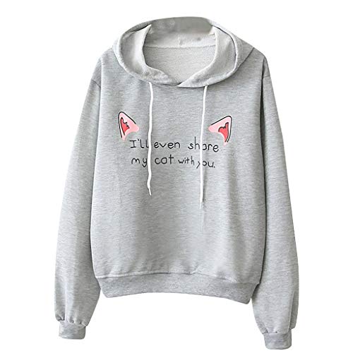 uBabamama Women Casual Hooded Pullover Cat Ears Print Sweatshirt Blouse Tops Long Sleeve Crop Tops Hoodie(Gray,L)