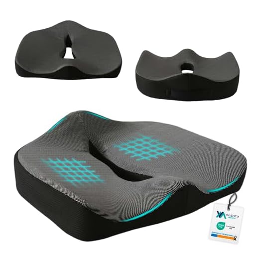 VALENTIA MEDICAL Cojin Viscoelastico Coxis Firmeza Suave Ergonómico para Silla Oficina Gaming y Coche con Base Antideslizante Funda Lavable Asiento Antiescaras para Dolor Lumbar