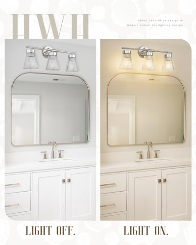 Image of HWH INVESTMENT 3-Light Bathroom Vanity Light, Brushed Nickel, 5HZG97B-3W BN | 24.1-Inch Hardwired Wall Light with Clear Striped Glass; 3 E26 Bulbs, Max 60W Each; Bulbs Not Included