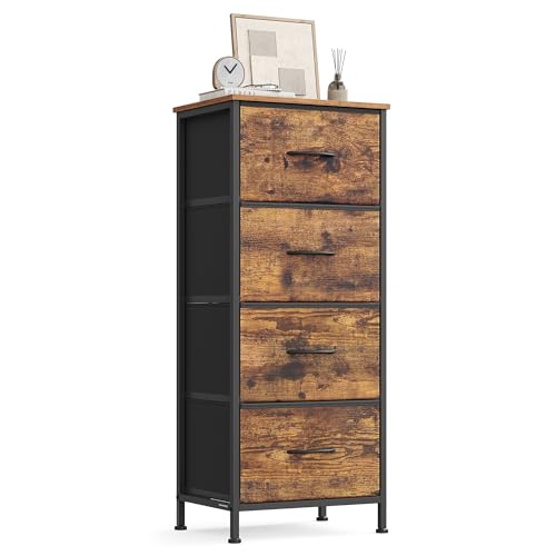 SONGMICS Cómoda, 4 Cajones de Tela, Acero, MDF, Tela no Tejida, para Dormitorio, Armario, Pasillo, Salón, Marrón Rústico y Negro Tinta LGS314BH04