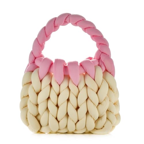 Wabilu Bolsa feminina tecida à mão com alça superior de fio grosso, malha trançada, bolsa de pulso de crochê para viagens diárias, Bege, Small