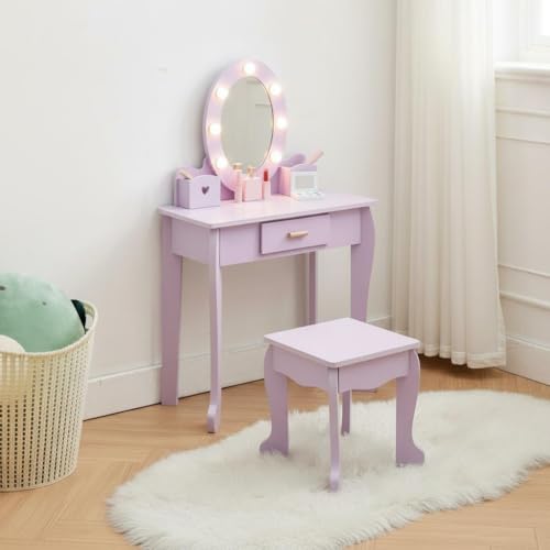 Kids Vanity Set, Pretend Play Girls Vanity Table and Chair Set with Lighted Mirror, Stool, and Wood Makeup Playset, Purple