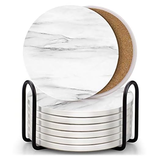 Set of 8 Coasters for Drinks ,EAGMAK Absorbent Marble Style Ceramic Drink Coaster with Holder for Coffee Wooden Table Home Decor (White)