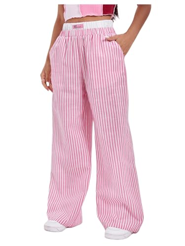 Verdusa Women's Striped Elastic High Waist Loose Wide Leg Pants with Pockets