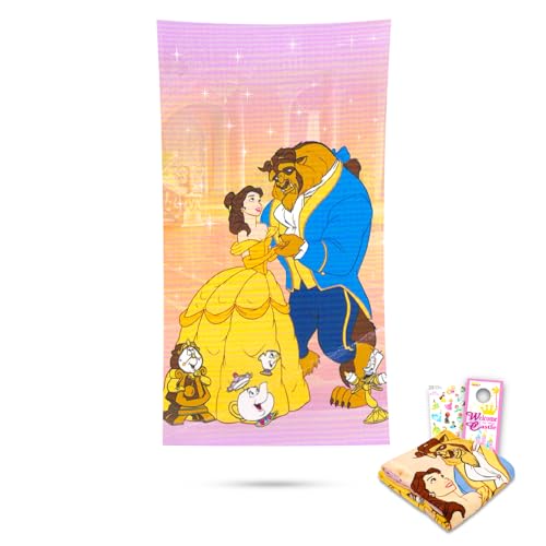 Ensemble de serviettes La Belle et la Bête – Ensemble avec serviette de plage Belle de 68,6 x 137,2 cm, autocollants et plus encore | Ensemble piscine et salle de bain Disney pour enfants