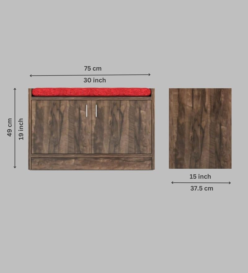 Image of SPECIALITY PANELS 2 Door Shoe Rack with Cushion, DIY Assembly, Brown Wood Finish with Red Cushion, 75x49 cm Entryway Storage Bench