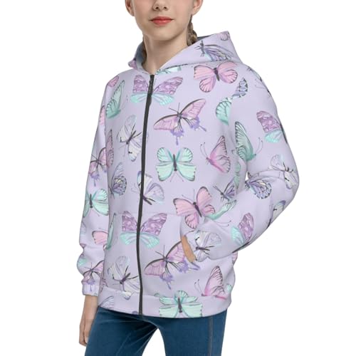 Purple Butterfly Kid Hoodies Boys Zip Up Sweatshirts Girls Pullover with Pocket