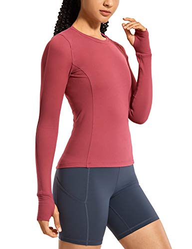 CRZ YOGA Women's Long Sleeve Running Shirt Athletic Workout Top with Thumb Holes Red Earth Small