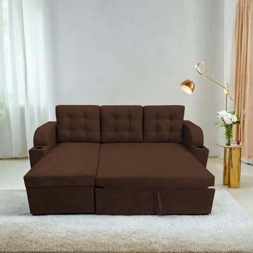 Image of Casaliving Grance LHS 4 Seater Corner Sofa Cum Bed for Living Room (Brown Fabric) Premium Fabric Sofa Set