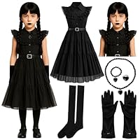 8pc Gothic School Girl Halloween Costume Kids with Gothic Dress and Belt, Kids Black Plaited Wig, Black Gloves, Knee High Socks and Fancy Dress Jewellery - Halloween Costumes for Girls (7-9 Years)