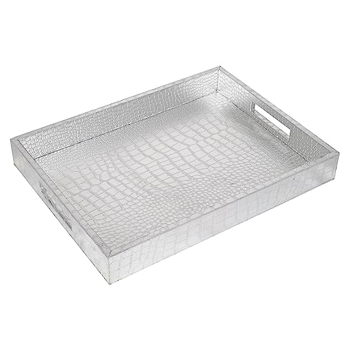 Maoname Serving Tray With Handles, 15.7 X 11.8 Inch Decorative Tray Coffee Table, Modern Faux Leather Rectangular Tray, Ottoman Trays For Living Room, Vanity, Kitchen, Silver #TOP24