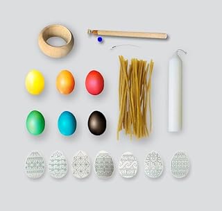 SOLOVEIKO Ukrainian Pysanka Easter Egg Decorating Kit #1, Pysanky Tradional Art Supply with Medium Wax Pen, 6Dyes, Wax, Stand, Cleaning Wire, Candle, 7 Designs