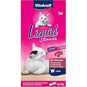Vitakraft Liquid Snack, friandise pour chat, snack crémeux au foie et à la biotine, en sachets individuels, pour une peau en meilleure santé (1 paquet de 6x 15g)