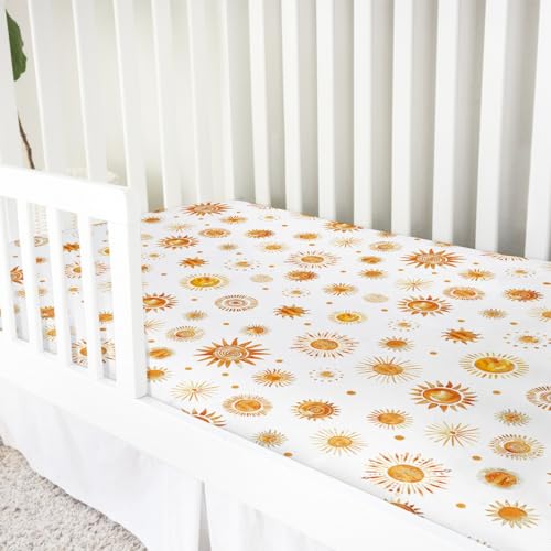 Image of Watercolor Suns Totem Baby Crib Sheets 52''x28'' Boho Sunshine Stretchy Fitted Crib Mattress Covers for Boy Girl Golden Suns Soft Nursery Baby Bed Sheets for Standard Crib and Toddler Mattress