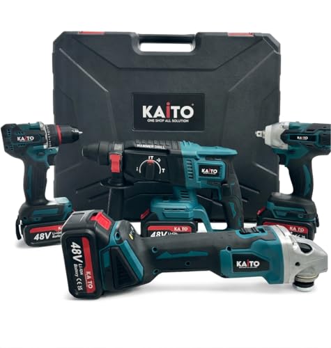 Image of KAITO Cordless Power Tool Combo Kit (4-in-1) | 26mm Rotary Hammer, 100mm Angle Grinder, 450Nm Impact Wrench & 10mm Drill Driver | 4 Lithium-Ion Batteries, 2 Chargers & Carry Case