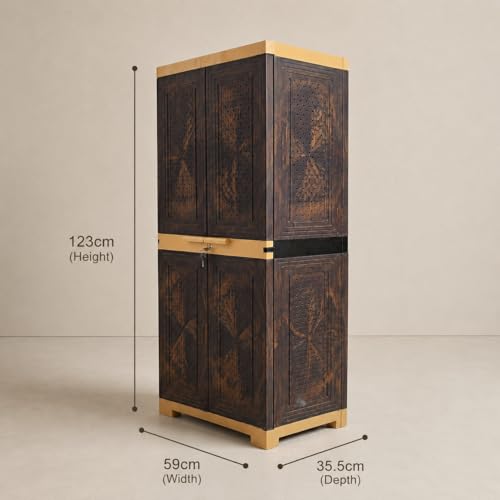 Image of Plastic Cabinet with Lockable Doors, 3 Shelves, Teakwood and AmberGold, Adjustable Shelves, Water Resistant
