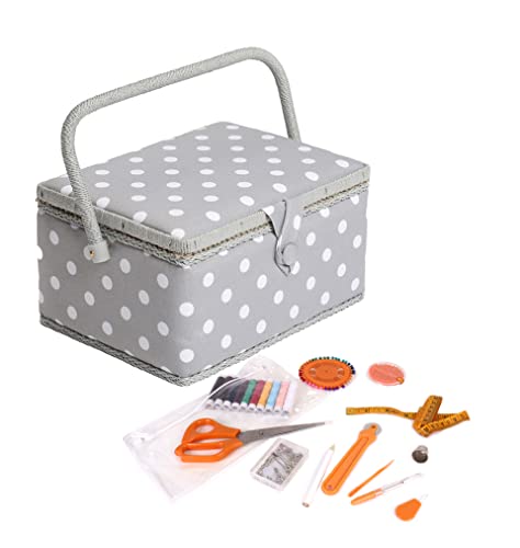 Hobby Gift Boîte de rangement exclusive pré-remplie pour loisirs créatifs avec kit de couture de 94 pièces inclus, gris à pois (MRM137F) Cover