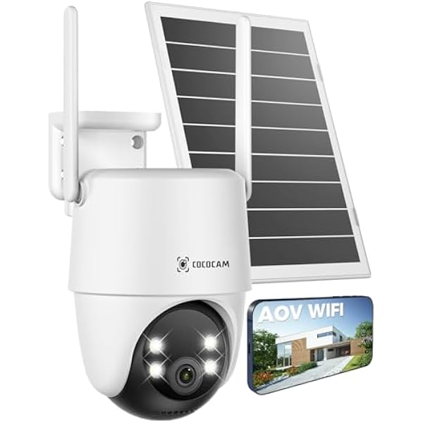 Kamera bezpieczeństwa COCOCAM 24/7 z nagrywaniem AOV WiFi, zewnętrzna, bezprzewodowa, z baterią 10000 mAh, panelem słonecznym 8 W, 2K PTZ, 30-metrowym widzeniem nocnym, wykrywaniem AI, śledzeniem AI,