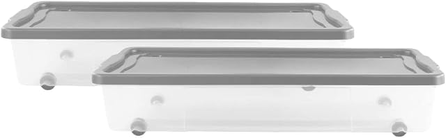 VTL® 2 X 45 Litre Under bed Box Large Plastic Storage Box Container Wheels Clear Box / Grey Lid