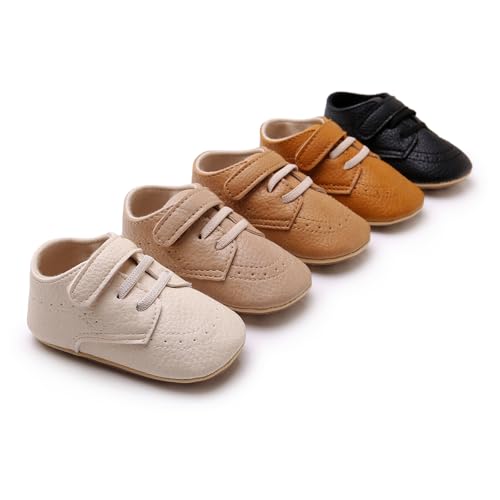 Image of SOFMUO Baby Boys Girls High Top Ankle PU Leather Sneakers Soft Rubber Sole Infant Moccasins Newborn Oxford Loafers Anti-Slip Toddler Wedding Uniform Dress Shoes