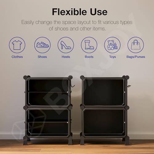 Image of BOXJOY 4 Shelf Black Shoe Rack with 2 Transparent Doors & Steel Holder | Hard PET Plastic Door with Metal Frame & Wooden Hammer, Home Shoes Stand Organiser with Feet to Cover Chappal Slipper Sandals