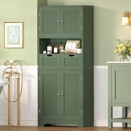 Image of TEENFON 57.8 inch H Tall Bathroom Storage Cabinet with 2 Drawers & 2 Adjustable Shelves, Floor Cabinet with 4 Doors, Tall Cabinet for Living Room, Dining Room, Entryway, Forest Green