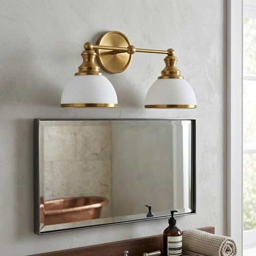 Hamilyeah 2-Light Gold Bathroom Vanity Light, Brushed Gold Vanity Light Fixture Over Mirror with Milky White Glass Shades, Vintage Wall Sconce for Bathroom, Powder Room