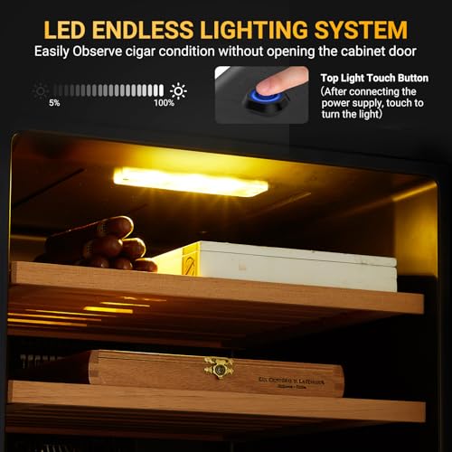 Cigar Humidor Cabinet 500 Count, 3 in 1 70L Electric Humidor with Hygrometer, Humidifier, Cooling Fan & Spanish Cedar Lining, Lights Control System, Desktop Multi Large Drawers, Gift for Cigar Lovers