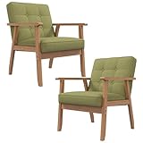Westice Accent Chair Set of 2, Mid-Century Modern Living Room Chairs with Solid Wood Frame & Soft Thicken Cushion, Upholstered Arm Reading Chair for Bedroom, Balcony, Green Linen Fabric & Natural Legs