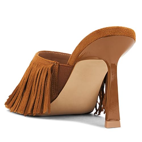 KISSASA Slingback Heels For Women,Stilettos High Kitten Heeled Fringe Mules Open Toe Slip On Heeled Slides Sandals Dress Party Pumps Shoes2