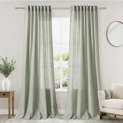 Image of Sage Curtains 90 inches Long 2 panels for Living Room Back Tab Rod Pocket Semi Sheer Linen Draperies Muted Neutral Sage Green Room Decor Earth Tone Pale Green Curtains for Diningroom Bedroom Office