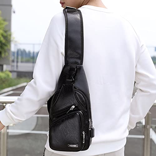 XingChen Men's Leather Sling Bag Chest Crossbody Shoulder Bag with USB Charging Port3