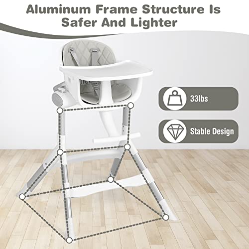 Image of INFANS Baby High Chair, Modern Convertible Design Highchair with Aluminum Construction, 5 Different Heights, Removable Tray, Detachable PU Leather Cushion, Dinning Seat for Infant and Toddlers