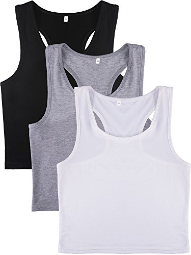 3-Piece Women's Crop Top Set, Workout Sleeveless Racerback Tanks - Black, White, Grey (X-Large) #TOP6