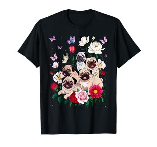 Botanical Black Pug Garden - Floral Dog Owner Pet Lover T-Shirt