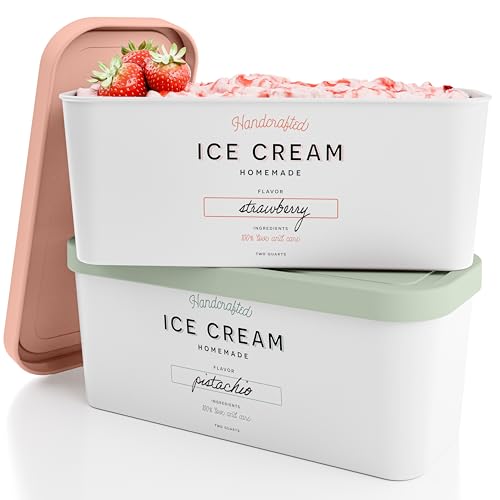 ZICOTO Set of 2 Reusable Ice Cream Tub Containers 2 Quart Each - Perfect for Homemade Sorbet, Frozen Yogurt Or Gelato - Stackable Storage Containers, Stickers And Lids Stores Easily In Freezer