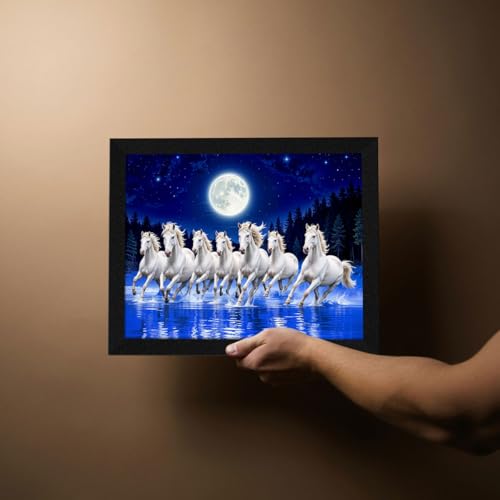 ArtX Paper 7 Horses Vastu Frame Wall Art Painting, White Running Horses at Night Moon with Blue Background On Water, Vastu Wall Decor, Multicolor, Nature, 13.0 X 10.0 inch, Set of 1